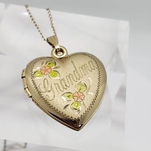 14k Gold Filled Grandma  Enameled Heart Locket & Chain